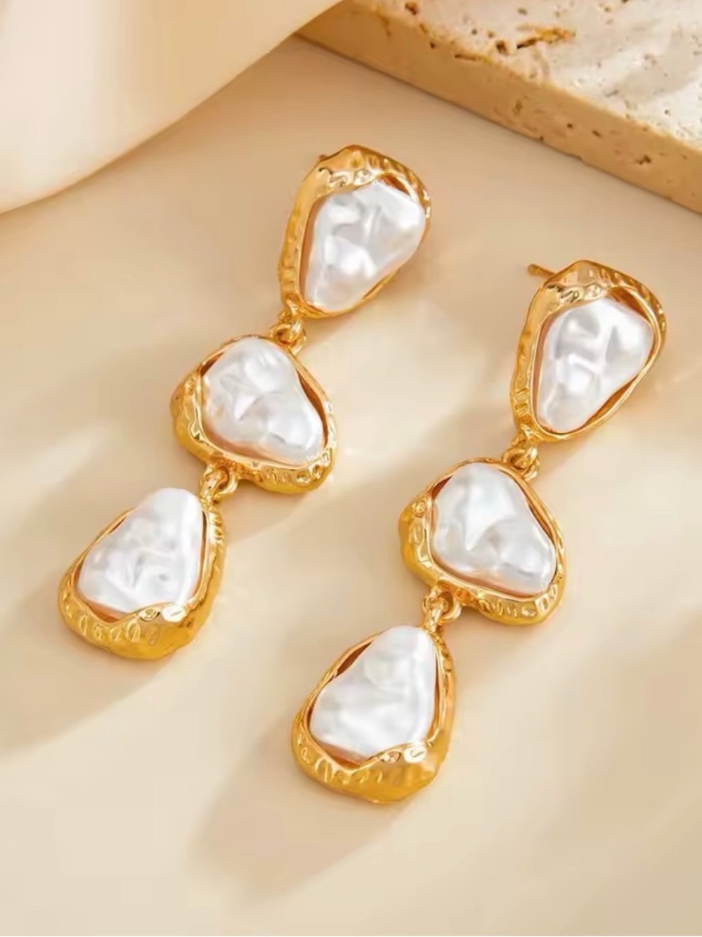 Drop Gold Triple White Baroque Pearl Drop Earrings - Picture 9 of 9